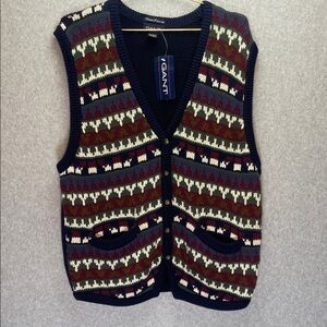 GANT Vintage Geometric Fair Isle Print Cardigan Grandpa Preppy Sweater Vest NWT